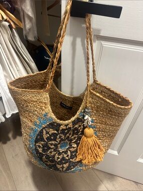 Antik Batik Natural Straw Tote with Blue Pattern and Mustard Tassel